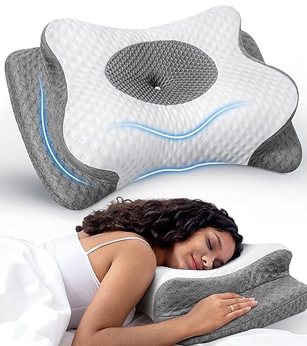 No More Aches Neck Pillow for Pain Relief, Adjustable Cervical Pillow for Neck Support with Armrest, Odorless Ergonomic Butterfly Memory Foam Pillows,Orthopedic Bed Pillow Side Back Stomach Sleeping - color: Grey