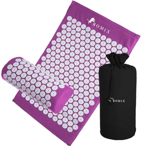 ROMIX Acupressure Mat and Pillow Set, Acupuncture Mat for Back Pain, Neck, Shoulder Pain Relief, Stress Reduction, Wellness Therapy, Cushioned Acupressure Mats with Carry Bag for Men and Women - color: Purple