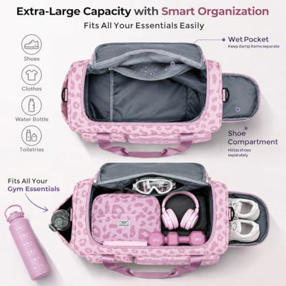 FIORETTO Women's Gym Duffle Bag with Shoes Compartment, 30L Capacity, Ideal for Travel, Gym, Sports, Duffel, Weekender - color: Leopard Pink, style: Gym Bag With Toiletry Bag