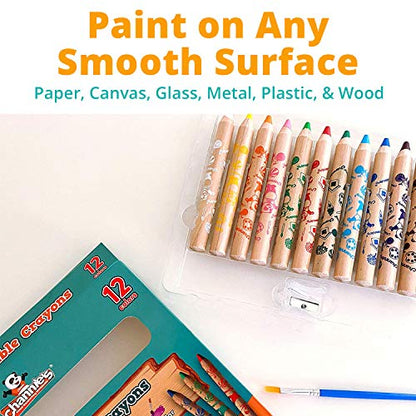 Channie's 3 in 1 Water Soluble Crayons for Kids: Wax Crayons, Color Pencils & Water Color, With Free Paint Brush & Sharpener, Paint on Any Smooth Surface, 12 Color Set