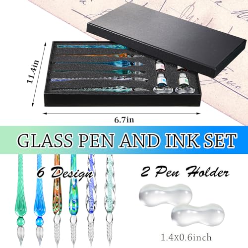 Zonon 14 Pcs Glass Dip Pen Ink Set for Art Supplies, Green Color Style | 6 Crystal Dip Pen with 6 Colorful Ink 2 Holder, Crystal Signature Calligraphy Pen, Art Writing Supplies, Artists Teacher Gift - color: Green Color System