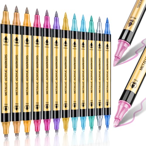 Metallic Marker Pens, 12 Colors Dual Tip Metallic Acrylic Paint Markers for for Black Paper, Rock, Fabric, Glass, Wood, Acrylic Paint Pens Markers Set for Coloring Books for Adults - color: 12 Colors