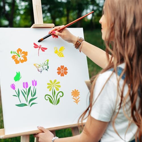 80 Pcs 3 x 3 Inch Stencils for Painting on Wood, Reusable Flower Butterfly Bird Bee Plastic Stencils DIY Craft Paint Template Set for Wall Home Decor - style: Flower