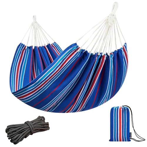 JoyView Brazilian Double Hammock with Hanging Ropes Extra Large 86.6x59” Portable Cotton Hammock for Patio Backyard Porch 450LBS Weight Capacity Perfect for Outdoor/Indoor - Blue Stripe - color: Blue Stripe