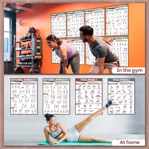 gisgfim 12 Retro Workout Posters for Home Gym Fitness Exercise Charts | dumbbells, bodyweight, stretching, resistance bands, yoga and kettlebells; 17 x 12.6 in, glossy front laminate - color: Retro