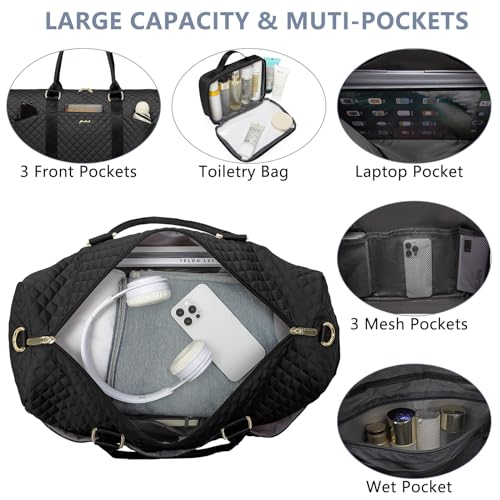 Women Weekender Travel Duffle Bag: Travel Duffel Overnight Bags with Shoe Compartment Large Carry on Tote with Toiletry Bag Weekend Traveling Yoga Gym Hospital Bag for Women with Wet Pocket Black - color: 01-Black, size: X-Large