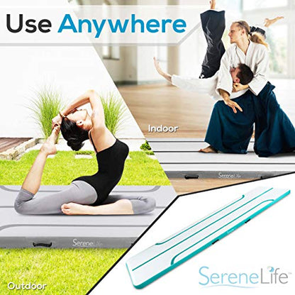 SereneLife Gymnastics Inflatable Air Tumbling Floor Mat Floating Water Mat 13FT, 4in Thickness for Outdoor/Home Indoor Use Tumbling, Training, Cheerleading, Yoga, Water with Electric Air Pump
