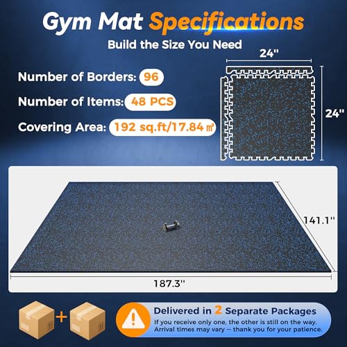 SUPERJARE 1" Extra-Thick Rubber Top Exercise Mat, Gym Flooring for Home Gym | Puzzle Gym Mat for Workout Equipment, Interlocking Floor Tiles with EVA Foam, 48 Pcs 192 Sq Ft, Black/Blue - size: 48 Tiles (192 Sq Ft)