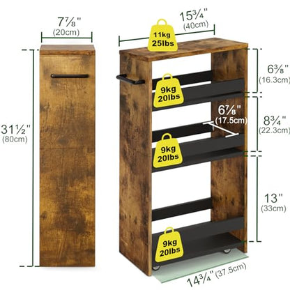 TEAMIX Slim Rolling Storage Cart, Wood 4-Tier Narrow Kitchen/Laundry Cart - color: Brown+black, size: 7-7/8'' W