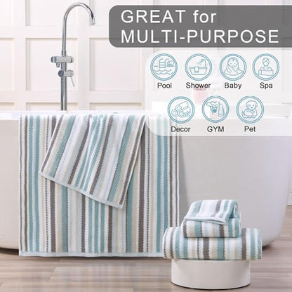 VOOVA & MOVAS Aqua Bath Towels 4 Pack, 100% Cotton, 28x52 in, Striped - color: Gray + Aqua Striped, size: 4 PC Bath Towels (28"x52")