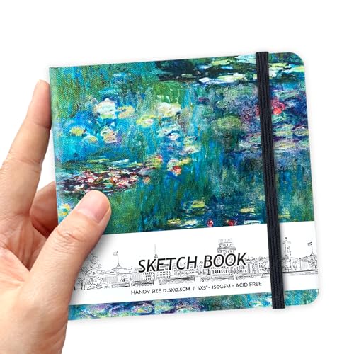 5" x 5" Hardcover Sketch Book,58 Sheets Small Mixed Media Pocket Sketch Pad | PU Cover,150 GSM Acid Free Artist Drawing Paper,Travel Journal Blank Notebook for Adults Sketching,Illustration. - color: 150gsm Cloth-oil painting pond