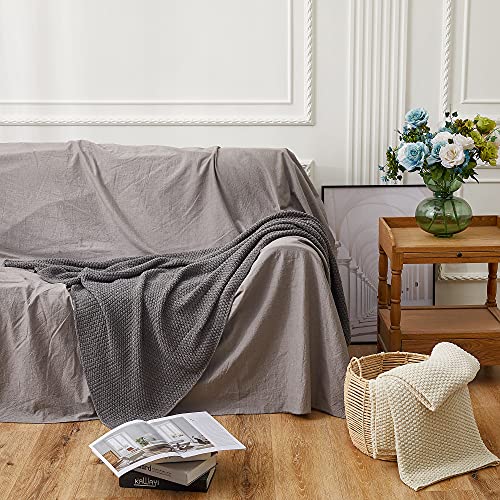 Longhui bedding 소파용 그레이 니트 담요, 부드럽고 아늑한 세탁기 세탁 가능한 100% 면 소파 케이블 니트 담요, 무게 1.8kg(4파운드), 152.4 x 203.2cm(60 x 80인치) 오버사이즈, 그레이 화이트 색상 - color: 다크 그레이., size: 60" x 80", Oversized