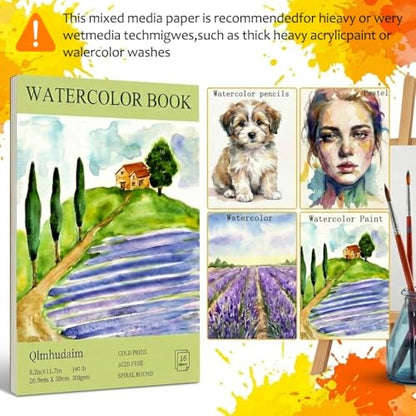 Qlmhudaim Watercolor Paper Pad – A4 (8.2" x 11.7") 140lb/300gsm,Heavyweight Cold Press Paper - for Watercolor, Mixed Media, Drawing & Sketch Book for Kids - Artist Professional & Craft Supplies