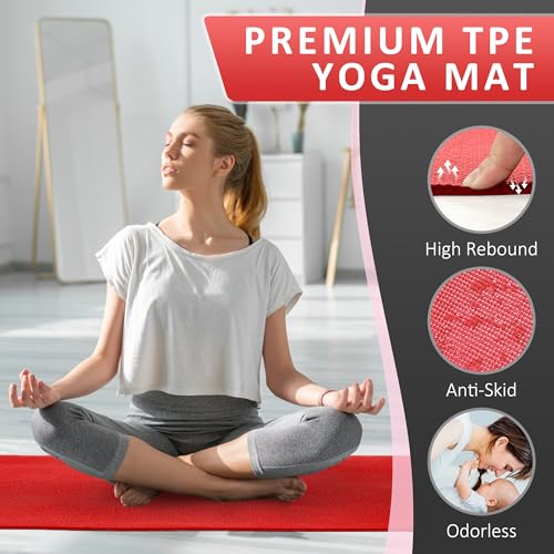Fitvids All Purpose Thick High Density No Tear Exercise Yoga Mat with Strap & Lightweight Features for Indoor & Outdoor Use - color: Red