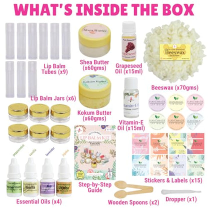 Kalakaram DIY Lip Balm Making Kit - Make 15 Lip Balms with Shea & Kukum Butter, Beeswax, Vitamin E Oil, Grapeseed & Essential Oils, DIY Activity Kit for Kids & Craft Kit for Girls 9-12
