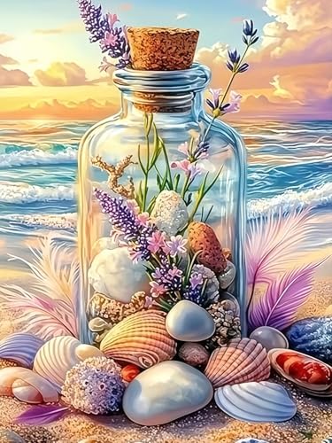 5D Beach Seashell Bottle Diamond Art kits for Adults Beginners 12x16 Inch | Diamond Painting Kit DIY Full Round Drill Paint by Diamonds Dot Gem Art for Adult, Home Wall Decor - color: KM955-1
