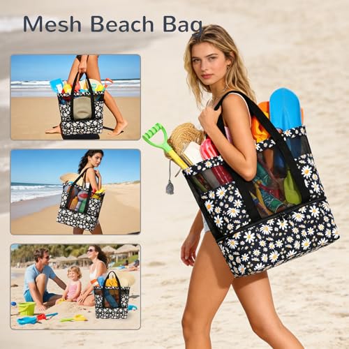 Mesh Tote Beach Bag with Leakproof Wet Compartment - color: Daisy