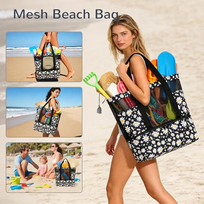 Mesh Tote Beach Bag with Leakproof Wet Compartment - color: Daisy