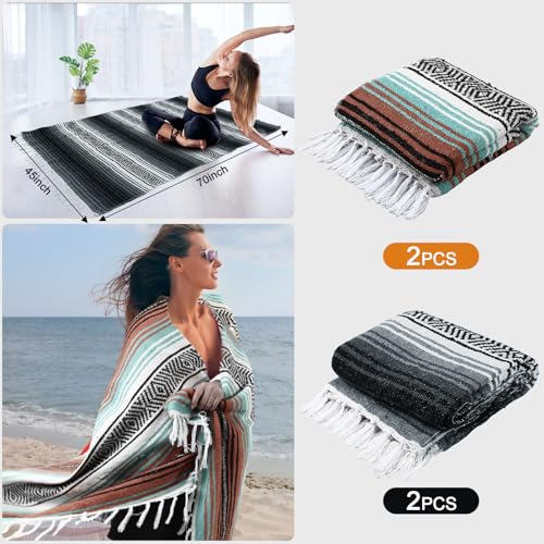 Preboun 4 Pcs Large Mexican Yoga Blanket Pack 45 x 70 Inch Thick Woven Camping Picnic Beach Car Travel Throw Blanket Outdoor Patio Mat Towel - color: Gray, Orange Green