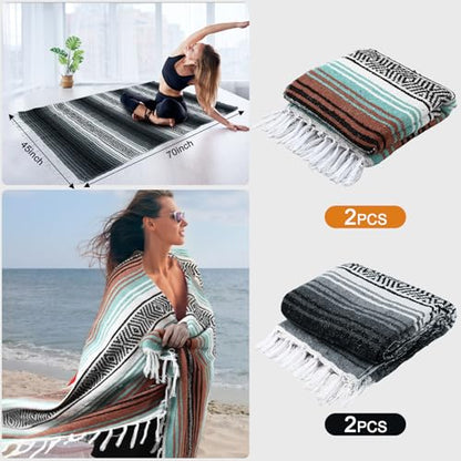 Preboun 4 Pcs Large Mexican Yoga Blanket Pack 45 x 70 Inch Thick Woven Camping Picnic Beach Car Travel Throw Blanket Outdoor Patio Mat Towel - color: Gray, Orange Green