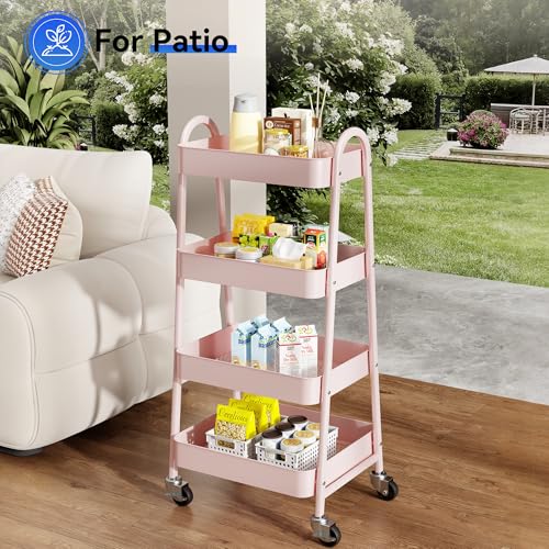 OLIXIS Metal 4 Tiers Rolling Storage Utility Cart with Lockable Wheels - color: Pink, size: 4-Tiered 18 inches