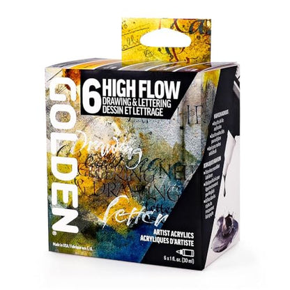 High Flow Acrylics by GOLDEN, High Flow Drawing & Lettering Set, 6 Colors, Professional Acrylic Paint