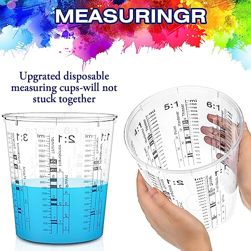 24 Pcs 64 oz 1800 ml Paint Measuring Cups Mixing Cups with Graduated and 20 Pcs Paint Mixing Sticks Plastic Disposable Resin Automotive Epoxy Mixing Cup for Paint Kitchen Cooking Baking