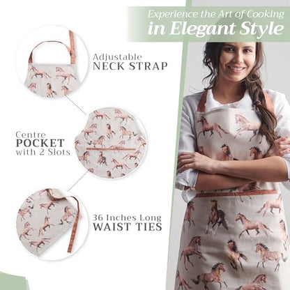 Maison d' Hermine Aprons for women with Pocket 100% Cotton (27.50"x31.50") | Adjustable Neck Strap & long ties Apron Men Chef Wedding Cooking Gardening Server Maid - color: 030 - Free Horse