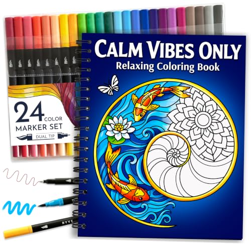 Adult Coloring Book for Women with 24 Markers, Spiral-Bound Stress Relief | Coloring Books for Adults with Markers, 32 Soothing Designs for Relaxation, Mindfulness & Anxiety Relief, Self-Care Gift - color: Calm Vibes Marker Bundle