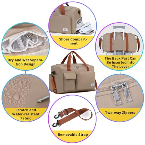 FIORETTO Women's Gym Duffle Bag with Shoes Compartment, 30L Capacity, Ideal for Travel, Gym, Sports, Duffel, Weekender - color: Khaki, style: Gym Bag With Toiletry Bag