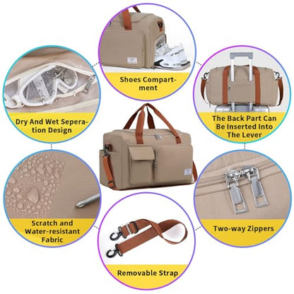 FIORETTO Women's Gym Duffle Bag with Shoes Compartment, 30L Capacity, Ideal for Travel, Gym, Sports, Duffel, Weekender - color: Khaki, style: Gym Bag With Toiletry Bag