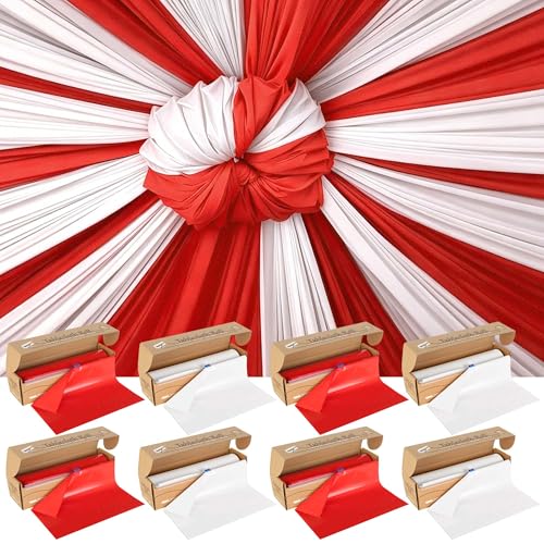 8 Rolls 100FT x 54IN Circus Plastic Tablecloth Roll with Slide Cutter Box | Heavy Duty White & Red Solid Color Disposable Table Cover Wall Backdrop, Cut-to-size for Halloween, Carnival & Party Buffets - color: White,red, size: 9600" x 54" (Rectangular)