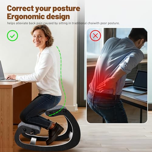 Ergonomic Kneeling Chair with Wooden Frame, Black - color: Black