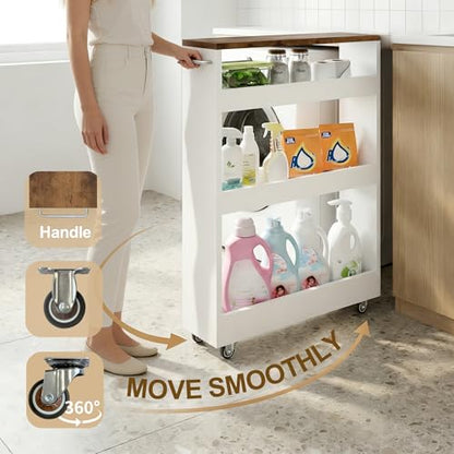 TEAMIX Wood 4-Tier Slim Rolling Storage Cart, 7.9"W, 24.8"D, 36.7"H, White - color: White