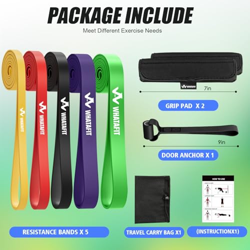 WHATAFIT Resistance Bands, 5 Level Pull Up Assistance Bands for Working Out - color: 2.3-56.7kg(5-125파운드) 컬러풀+그립