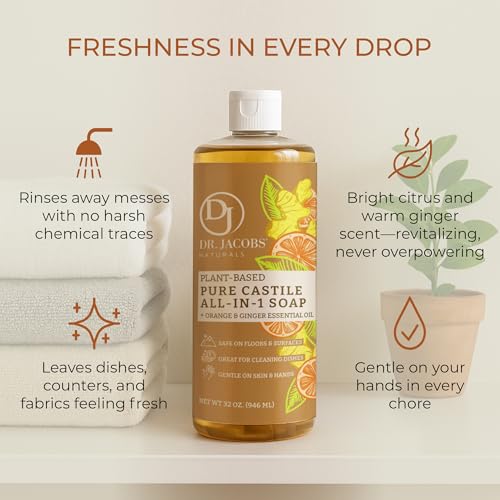 Dr. Jacobs Naturals Orange & Ginger Castile All-in-One Cleaner and Soap - Plant-Based Formula for House Cleaning Floors and Appliances - Gentle on Skin and the Planet - 32 oz, 2 Pack - size: 32 Fl Oz (Pack of 2), style: Orange Ginger