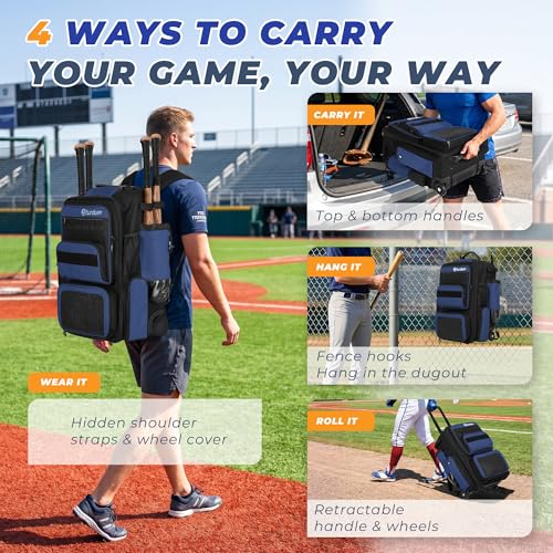 Rolling Baseball Bag with Wheels, 70L Baseball Backpack - color: Blue