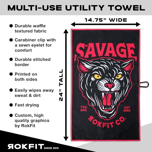 RokFit Gym & Golf Towel – Multi-Use, Quick-Dry, Durable Utility Towel with Bold Graphic and Carabiner Clip (Be Savage) - color: Be Savage