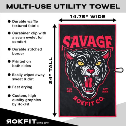 RokFit Gym & Golf Towel – Multi-Use, Quick-Dry, Durable Utility Towel with Bold Graphic and Carabiner Clip (Be Savage) - color: Be Savage