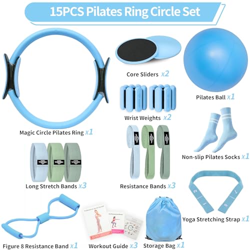 DICYWUDI Pilates Essentials Kit for Home Women, Pilates Equipment for Workouts, 6 Fabric Resistance Bands, 12 Inch Magic Circle Yoga Ring, Mini Exercise Ball, Great Exercise Equipment - color: 15pcs Blue set