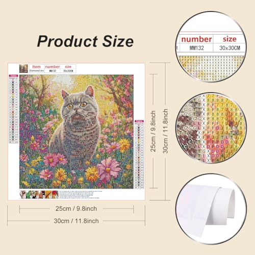 WSLWXSHM Diamond Painting Kits for Adults Cat, Round Full Drill Diamond Art Kits, 5D DIY Paint with Diamonds Crafts for Home Wall Decoration Gifts 12×12Inch, Animal - color: Cat Flower