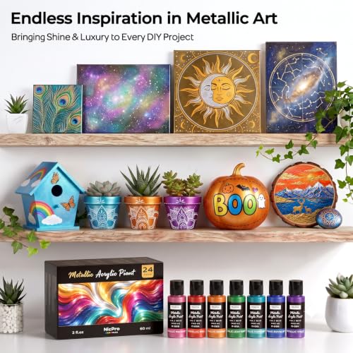Nicpro 24 Colors Metallic Acrylic Paint Set, Pearlescent Acrylic Paint | 2oz/60ml Each, Non Toxic Non Fading Craft Paint for Wood, Clay, Metal, Canvas, Furniture, Handcraft, Model, Art Supplies - color: 20 Metallic Colors-2oz
