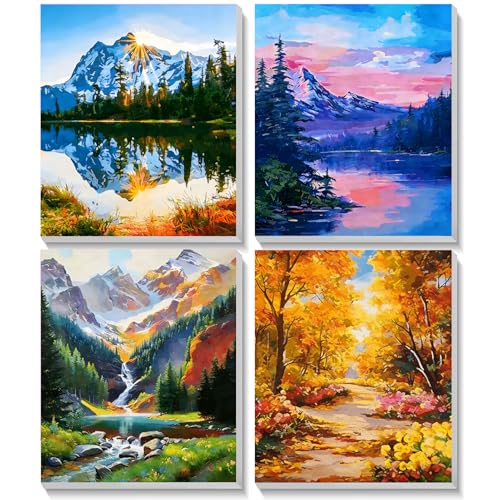 TOSTOG Landscapes 4 Pack Framed Canvas Paint by Numbers Art Kit for Adults and Kids, Beginner Acrylic Oil Painting Supplies with Wooden Frame for Home Wall Decor 20 * 25 cm/8 * 10 in - color: Landscapes