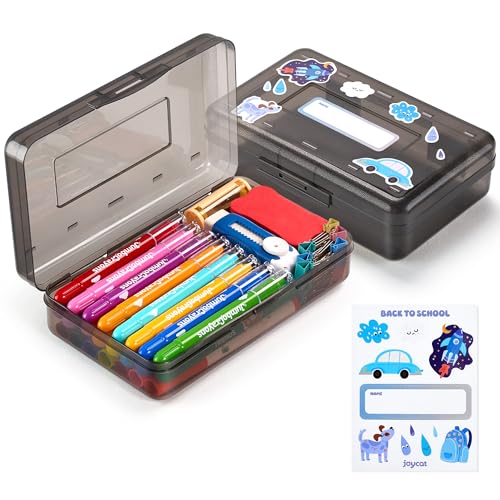 GAMENOTE Plastic Pencil Box with Personalized Sticker,Kid Hard Pencil Case with Snap-tight Lid,Small Art Craft Storage Containers,School Supplies Box for Boys,Girls (Grey) - color: Grey