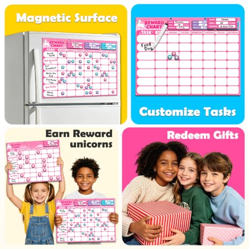 Magnetic Reward Chart for Kids, Customizable Dry Erase Weekly Chore Chart - size: 3 Kids-Unicorns