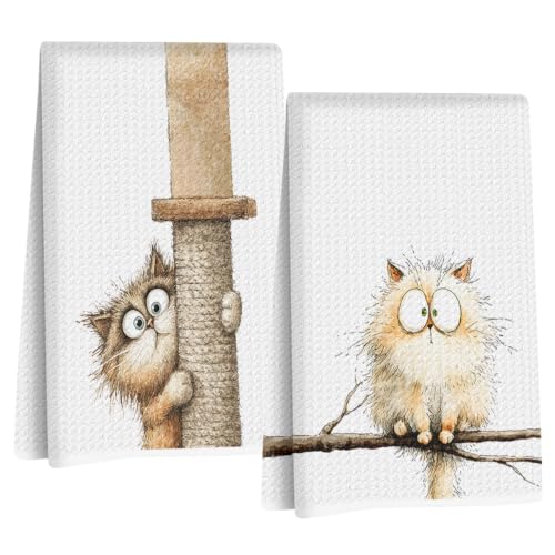 2 Pcs Funny Cat Kitchen Towels, Cute Cats Gifts Reusable Hand Towels-03 | Cat Dish Cloths for Drying Dishes, Cats Waffle Dish Towels for Kitchen Bathroom Decor, Cat Lover Gifts for Women Mom Grandma - color: Multi 1634