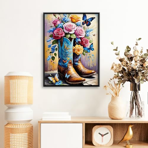 Cowboy Boots Diamond Art Kits for Adults Beginners 12x16 in, DIY Craft Gift | Flowers Diamond Painting Kits for Adults, Stress Relief, Home Wall Decor, 5D Full Round Drill Gem Art - color: DP-US11