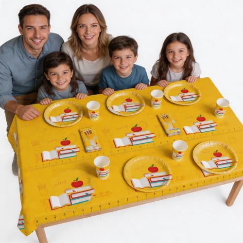 Back to School Party Tablecloth, 1PCS Disposable Plastic Table Cover, Yellow Ruler Apple Book Design, Rectangular Classroom Tablecloth for First Day of School, Teacher Appreciation Party Supplies - color: Tablecloth