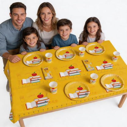 Back to School Party Tablecloth, 1PCS Disposable Plastic Table Cover, Yellow Ruler Apple Book Design, Rectangular Classroom Tablecloth for First Day of School, Teacher Appreciation Party Supplies - color: Tablecloth
