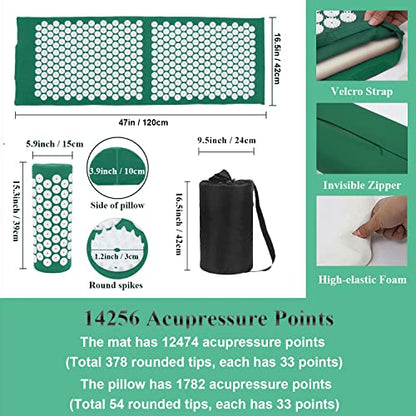 XiaoMaGe 47" Acupressure Mat and Pillow Set with Carry Bag (Green) | Large acupuncture mat for neck & back pain relief, muscle relaxation, circulation support, and post-workout recovery - color: Green-large